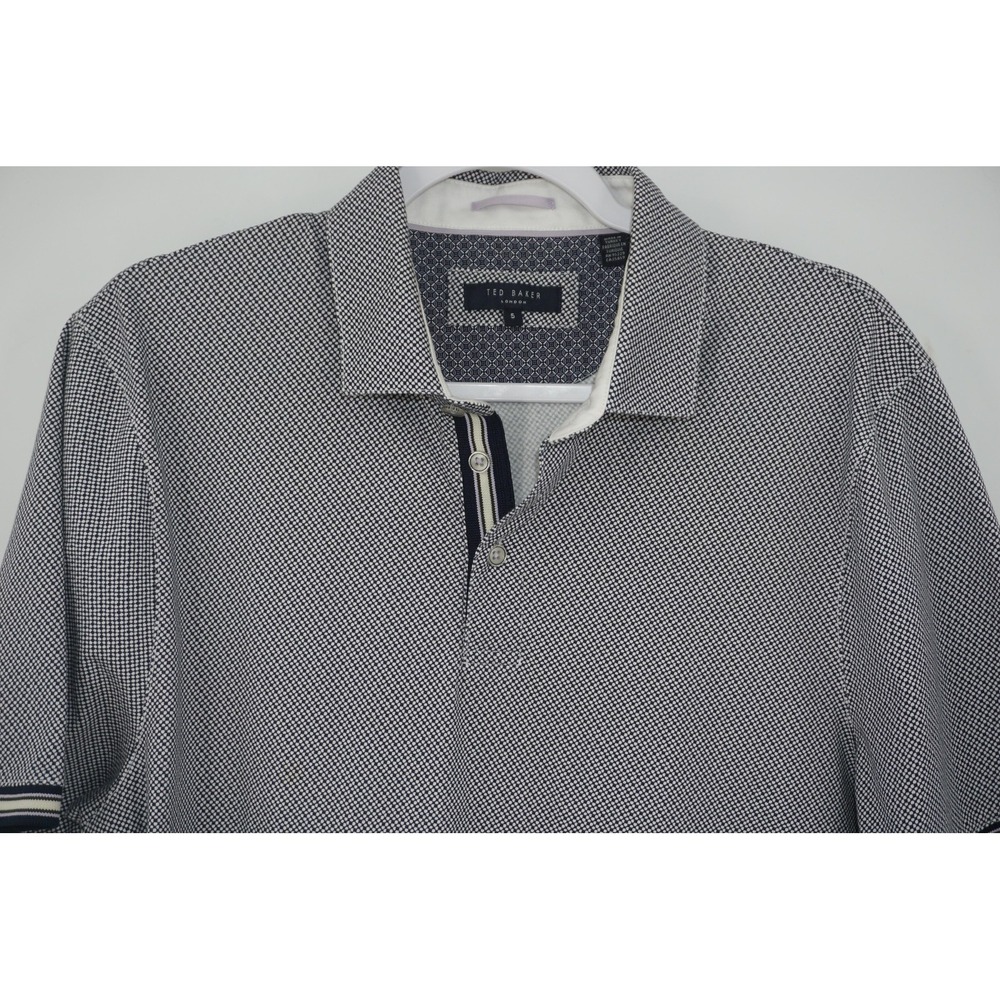 Ted Baker Polo Shirt Blue‎ Geometric Cotton Stretch Knit Short Sleeve Men's XL